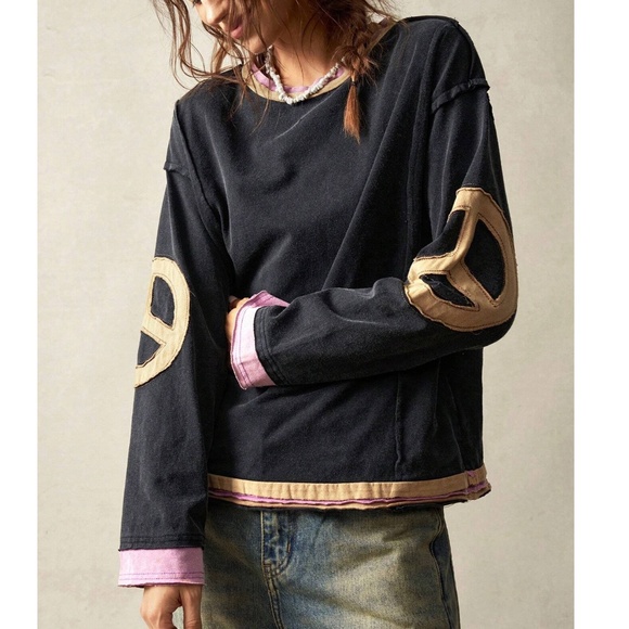 Cozy Peace Patch Oversized Reverse Stitch Color Block Top